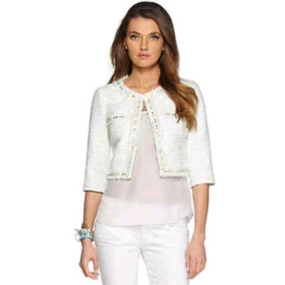Lilly Pulitzer Green Gold Crystal Water Boucle Lurex Cropped Lia Jacket Blazer 8 - Picture 2 of 7